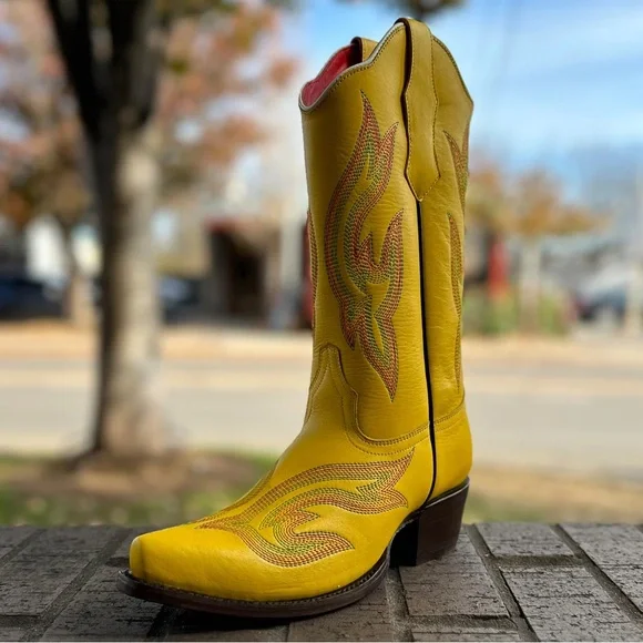 Planet Cowboy Psychedelic Yellow Western Cowboy Boots with Multicolor Stitching - Picture 4 of 11